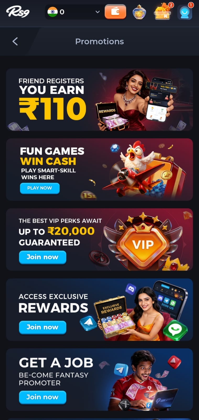 RS9 Game promotions page showing refer and earn bonus, VIP rewards, and exclusive offers
